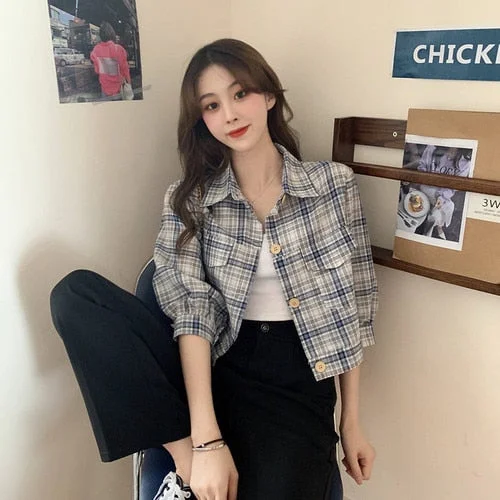 Blouses Shirts Women Summer Three-quarter Sleeve Plaid Crop Top Vintage All-match Students Korean Style Womens Leisure Chic New