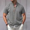 Camicia da uomo a maniche corte in cotone e lino con collo alto e bottoni