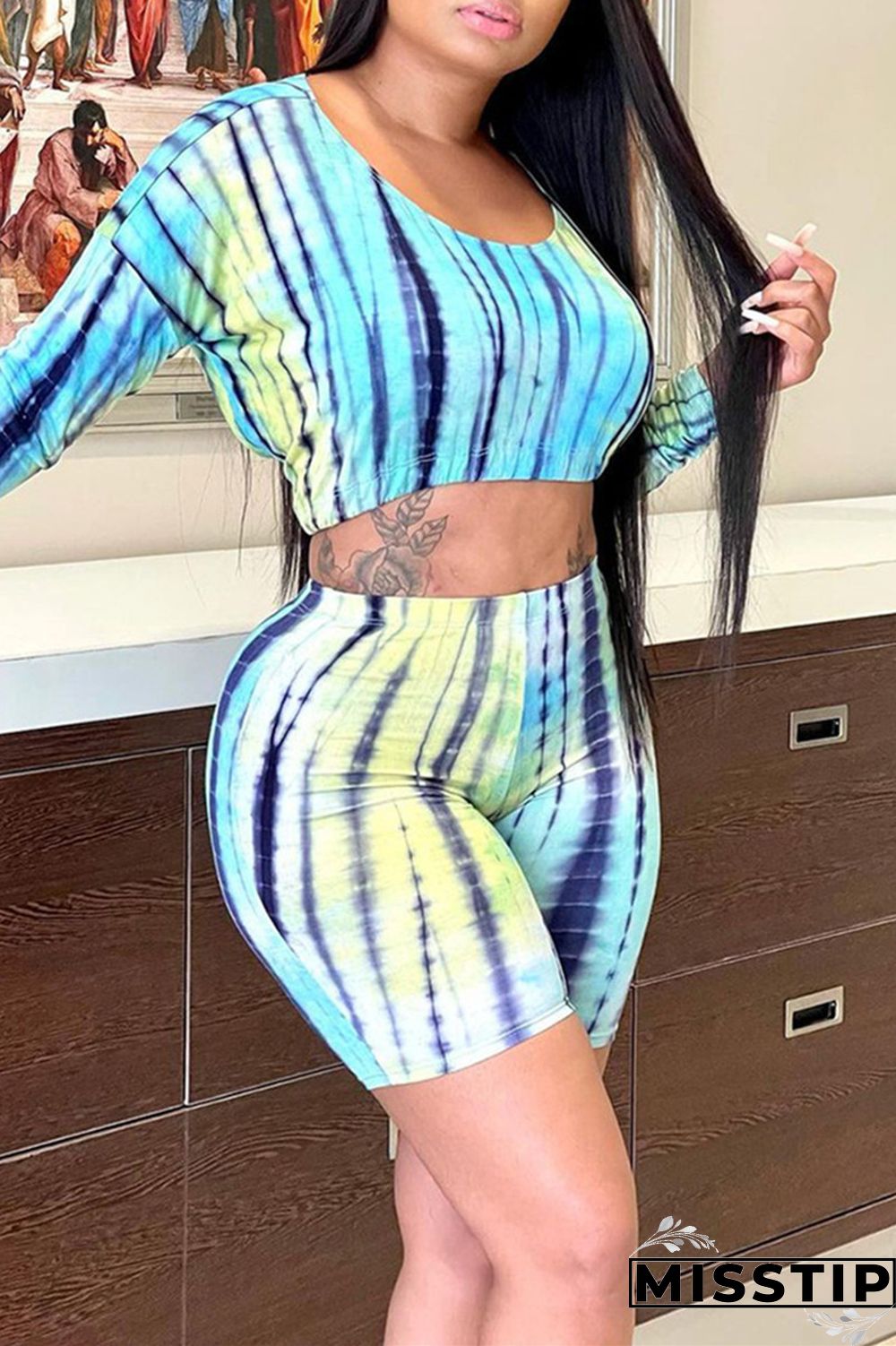 Light Blue Fashion Casual Print Tie-dye O Neck Long Sleeve Two Pieces