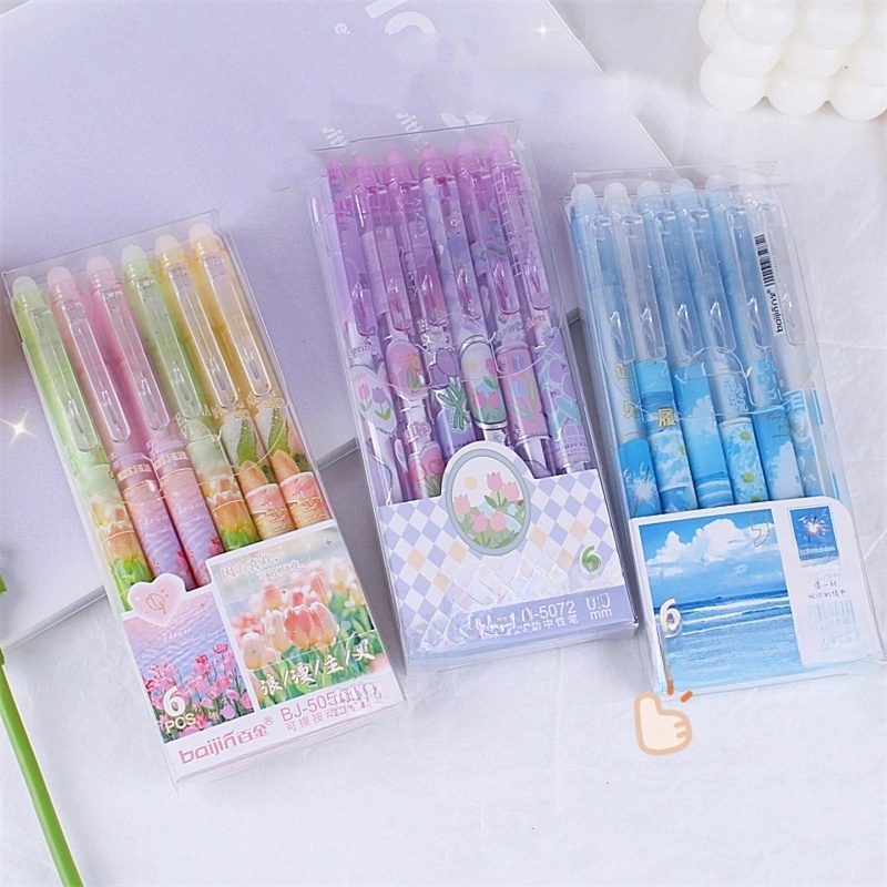 1 Box Of 6 Pieces Tulip Class Learning Plastic Minimalist Classic Style Gel Pen