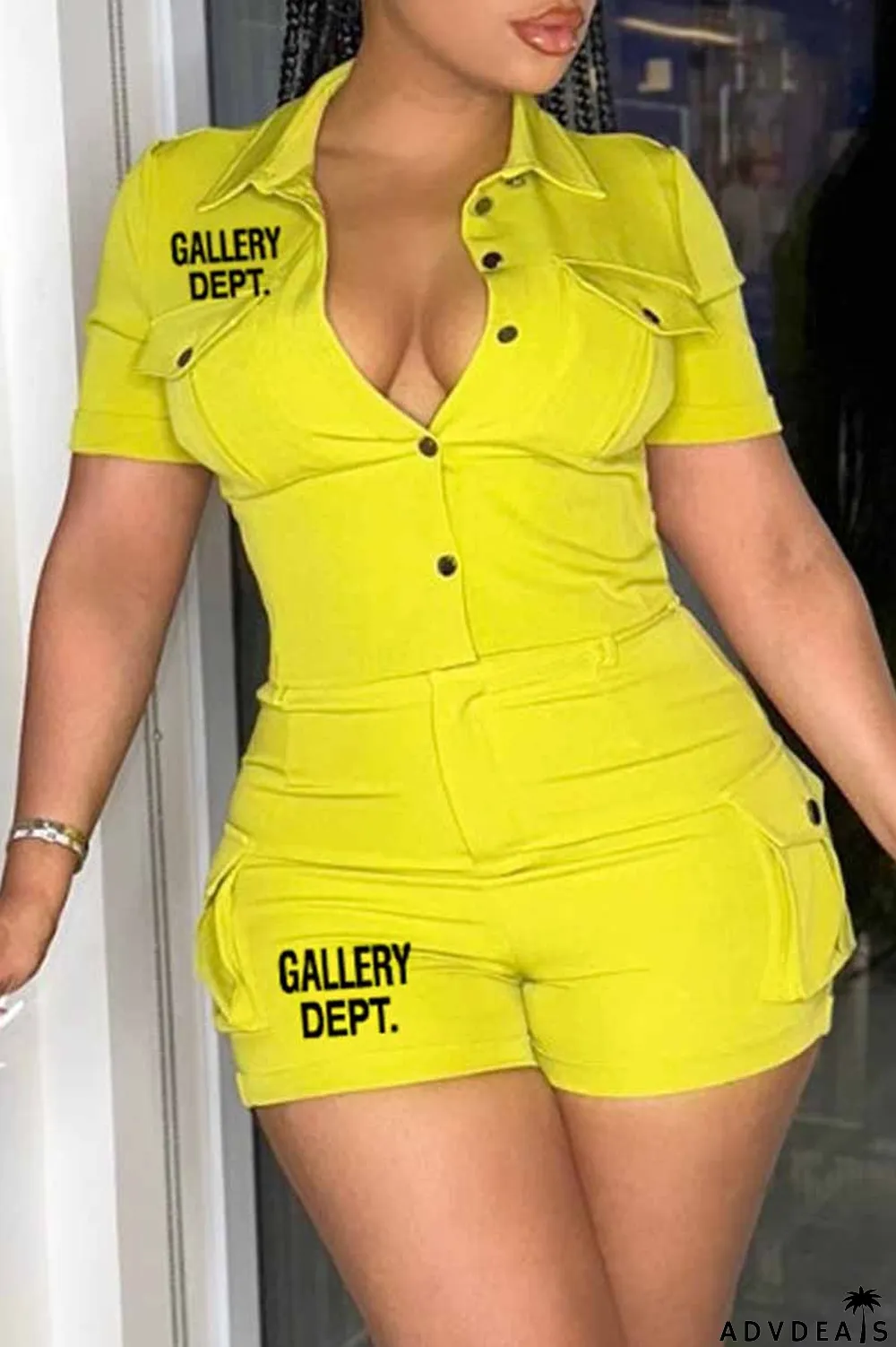 Yellow Street Print Letter Turndown Collar Short Sleeve Two Pieces