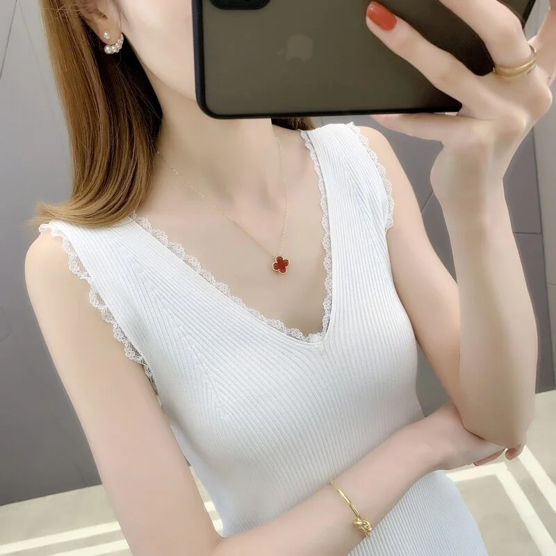 19862 make ice silk v-neck lace stitching knitting sleeveless vest 25