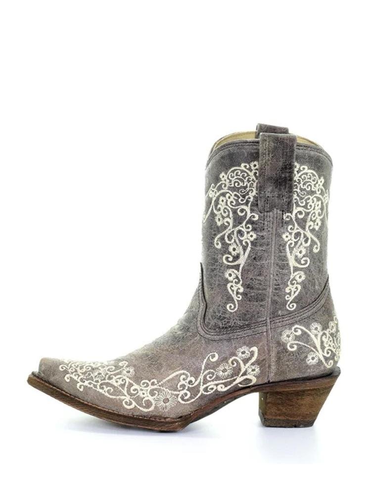Brown Floral Embroidery Snip Toe Slanted Heel Western Mid Calf Boots