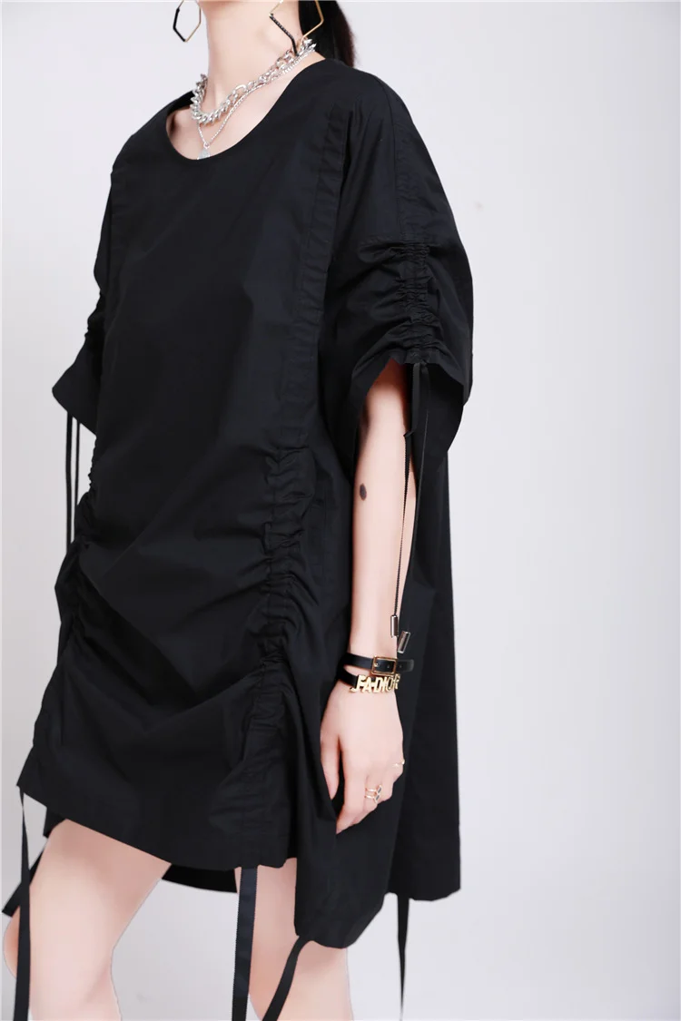 Women Slim Drawstring Pleated Loose Dress - yankia