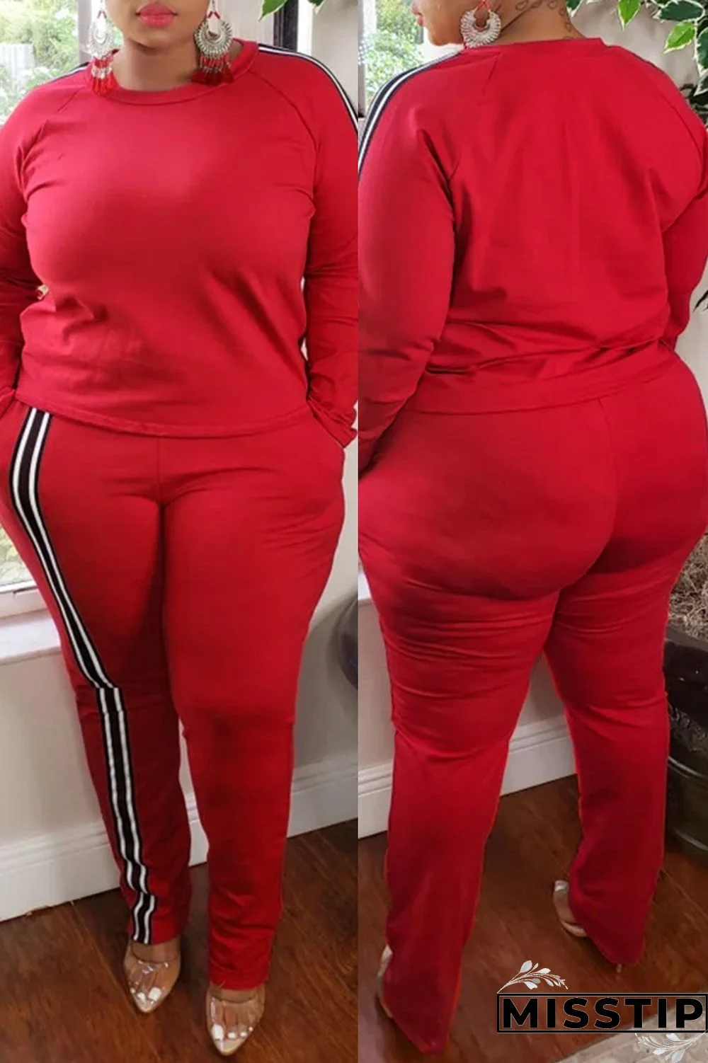 Blue Fashion Casual Striped Patchwork O Neck Plus Size Two Pieces