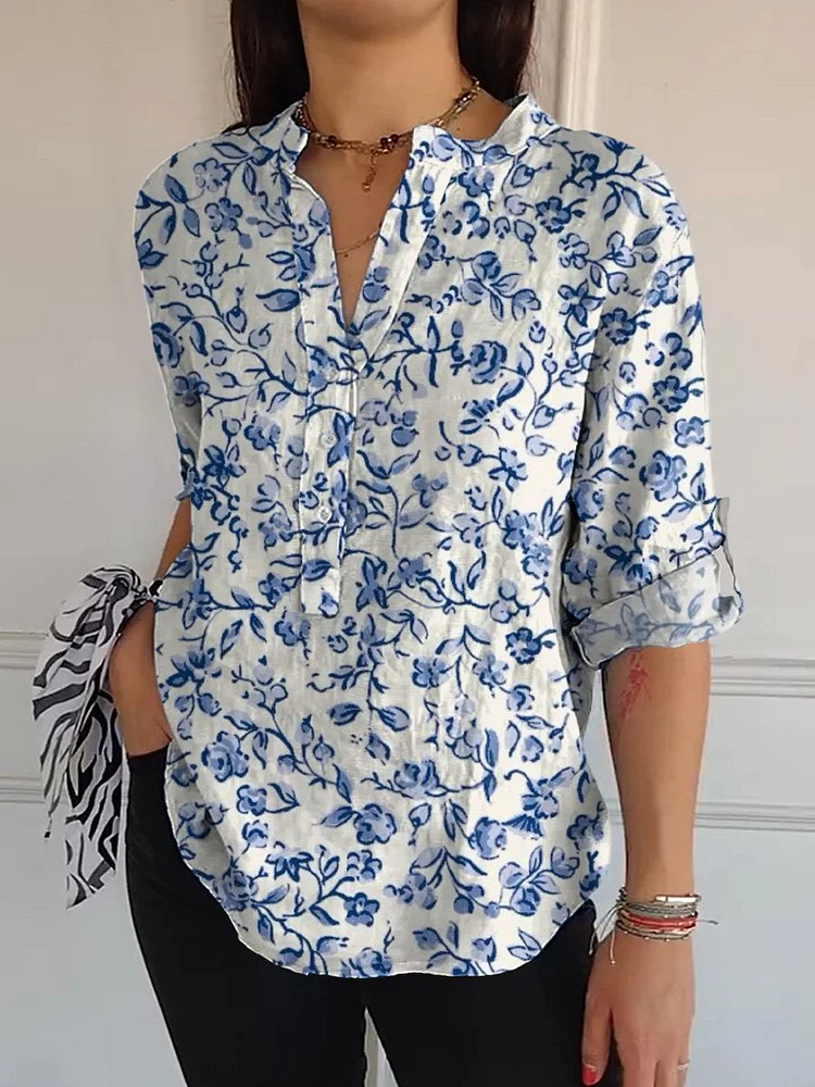 Spring Floral Toile Pattern Printed Women's Casual Long Sleeve Comfortable Cotton Shirt