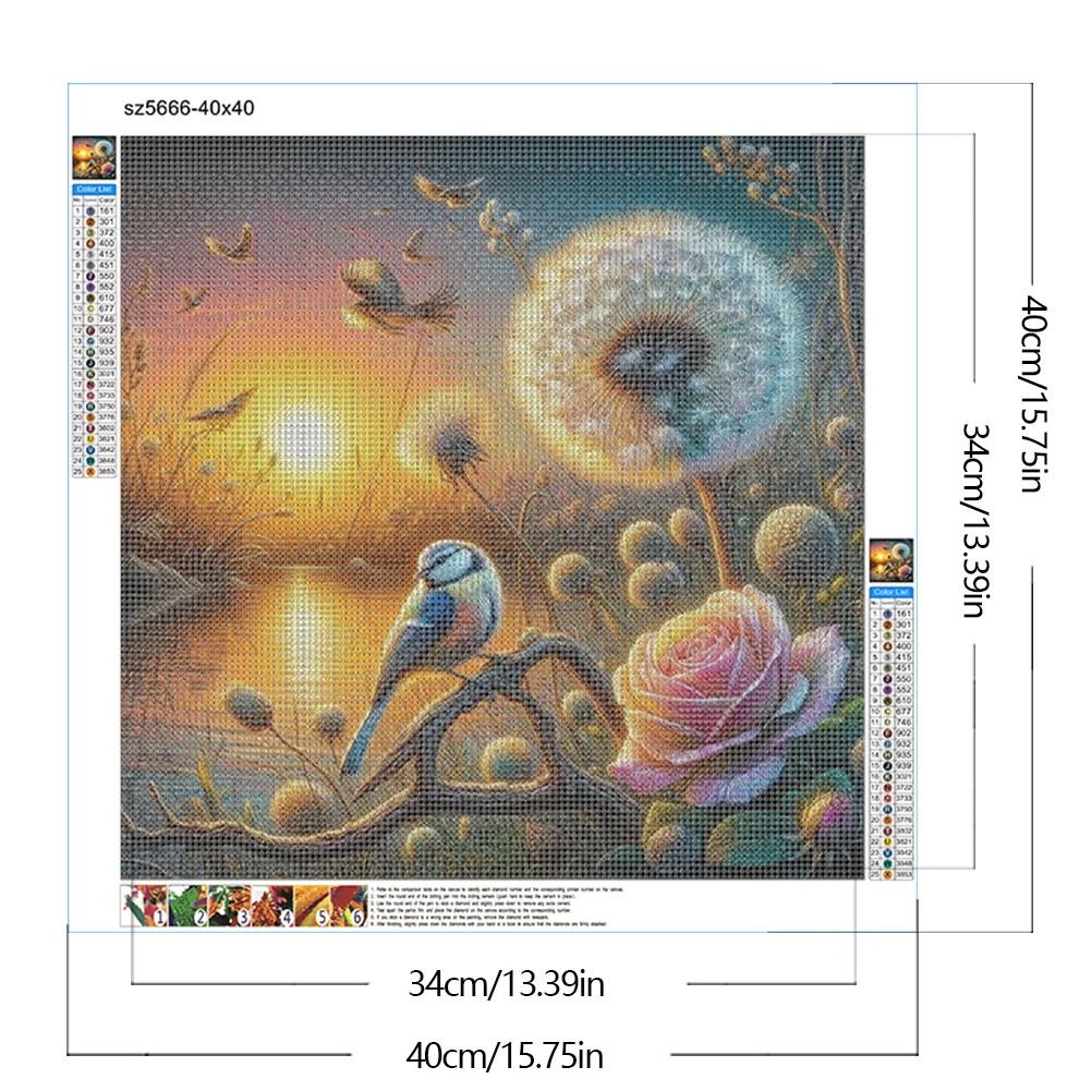 Diamond Painting - Full Round Drill - Rose Dandelion Bird(Canvas|40*40cm)