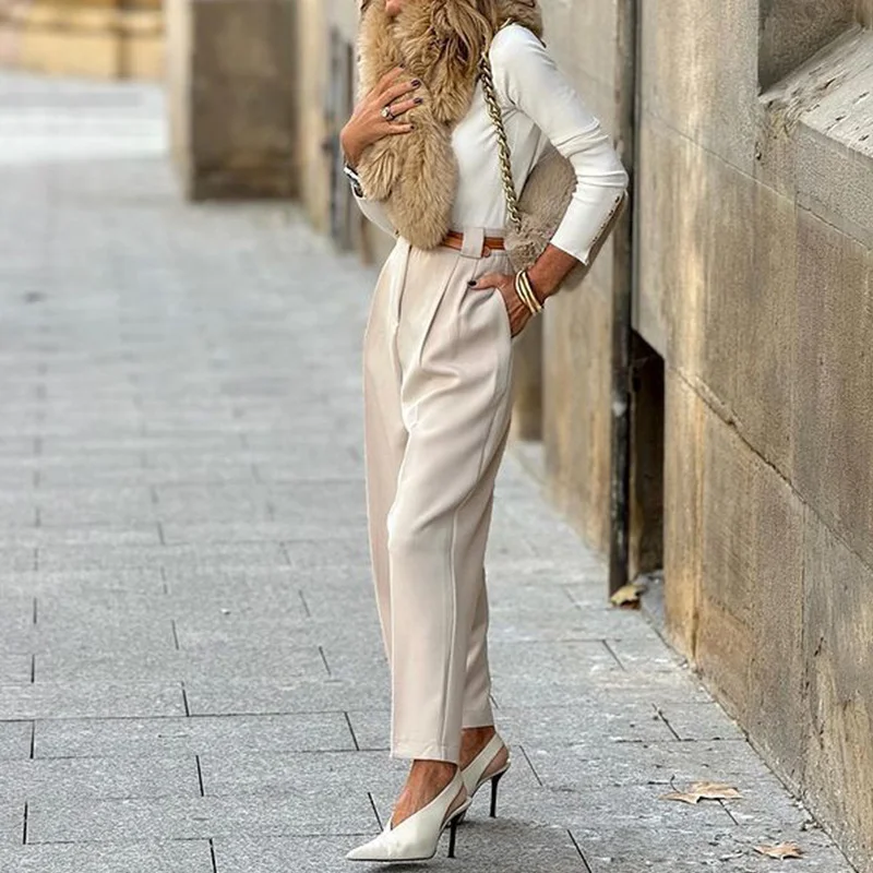 Woherb Woherb Spot 2024 Spring New Women's Fashion Temperament Pure Color Versatile High Waist Trousers Trousers-Outfit Ideas