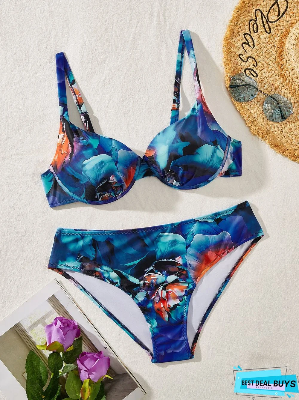 Vacation Tie-Dye Pattern Printing Scoop Neck Bikinis Two-Piece Set