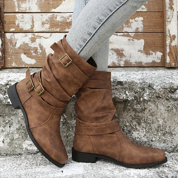 HUXM Vintage Buckle Round Toe Low Heeled Pull-On Boots