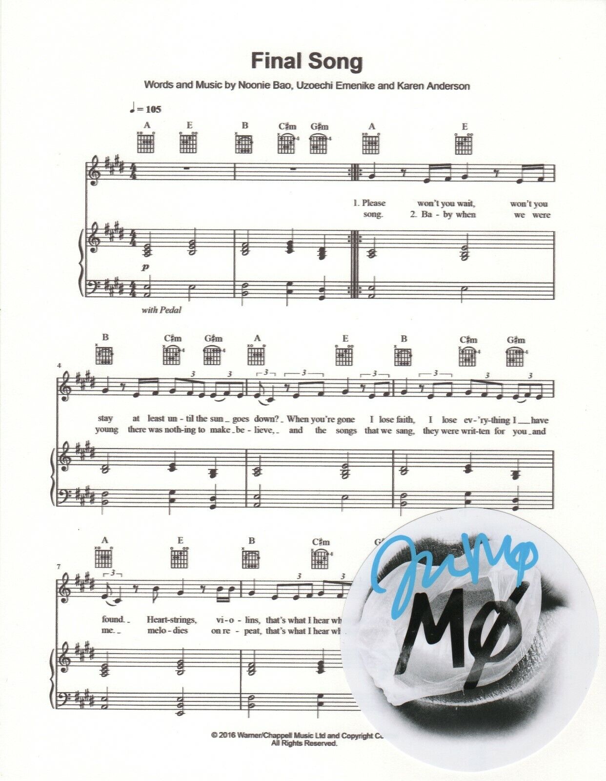 M? Karen Marie Aagaard ?rsted Andersen SIGNED Final Song sheet music #2 COA MO