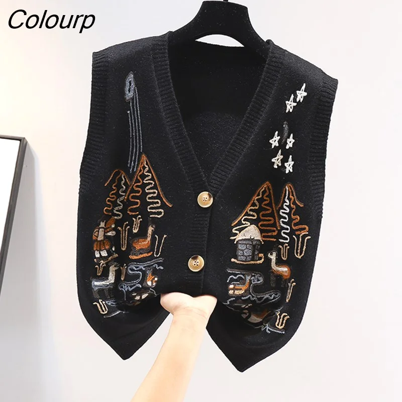 Colourp Knitted Sweater Vest Women Korean Cartoon Top Vintage Sleeveless Sweater Clothing Fashion V-neck Cardigan Pull Femme24176