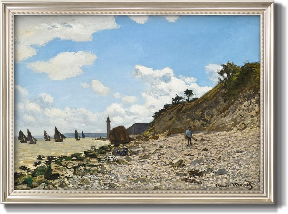 Renditions Gallery Canvas Wall Art Silver Framed Nature Paintings Cloudy Sky Sandy Beach by Claude Monet Modern Decorations Prints for Bedroom Dining Living Room Office Home Kitchen Wall Hanging - 16 inch x20 inch  16X20