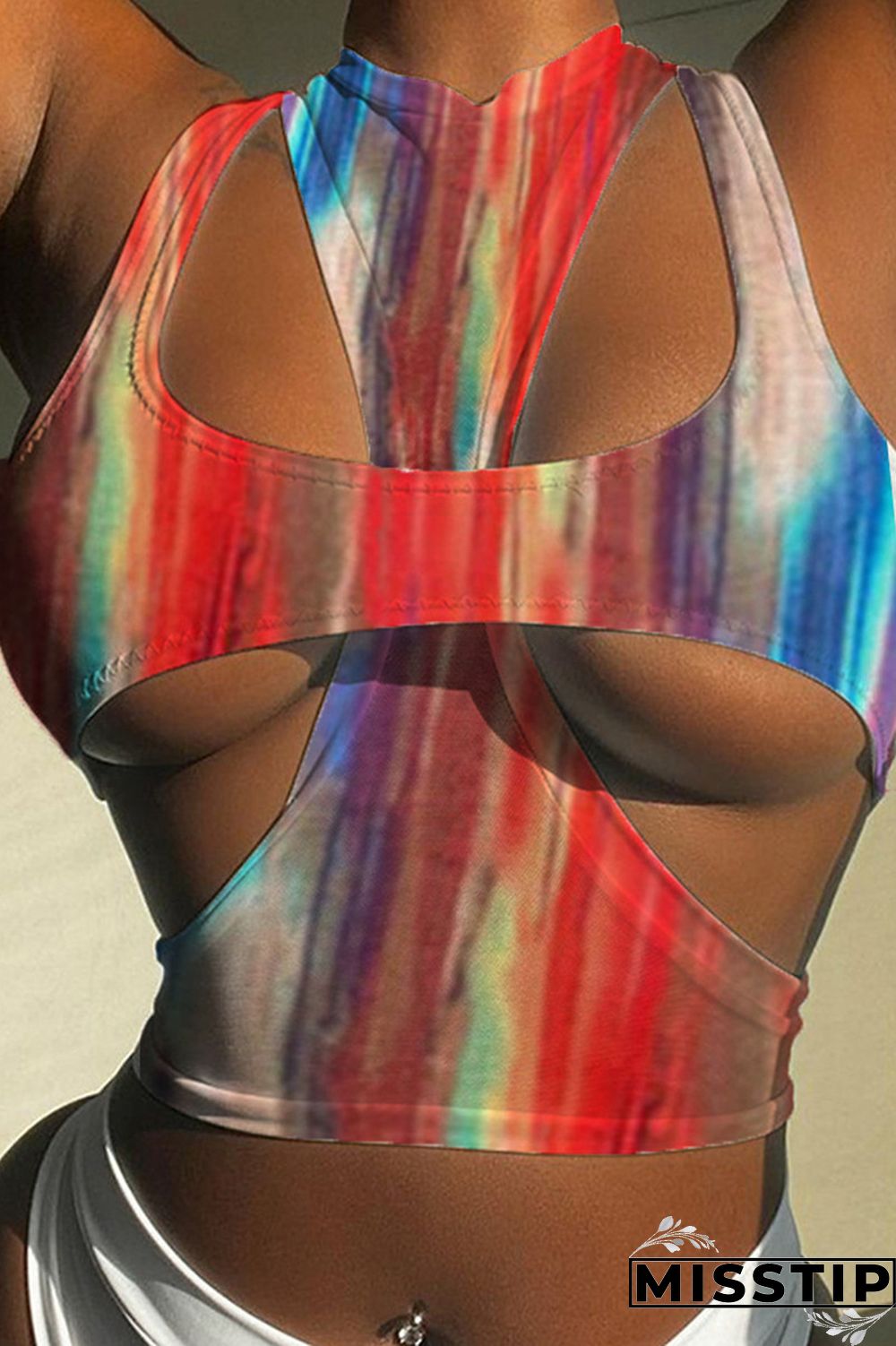 Multicolor Fashion Sexy Print Hollowed Out O Neck Tops Two-piece Set