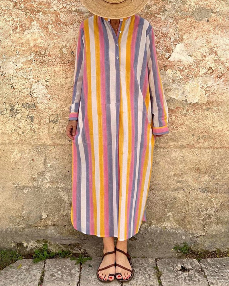 Vertical Stripe Single Breasted Long Sleeve Loose Maxi Dress