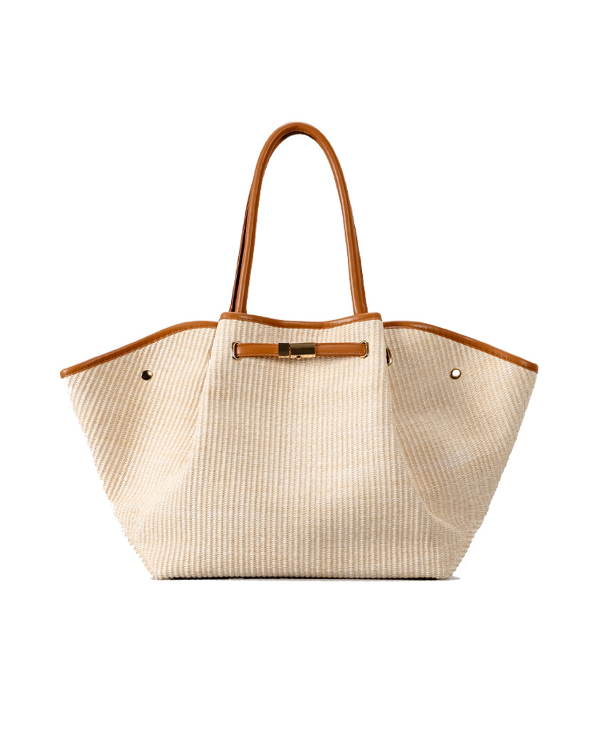 Leather Trimmed Woven Straw Tote Bag