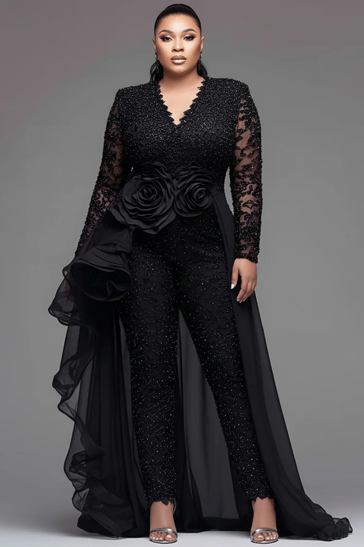 Xpluswear Design Plus Size Formal Tulle Black V Neck Lantern Sleeve Long Sleeve With Skirt Overlay Elegant 3D Lace Jumpsuits [Pre-Order]