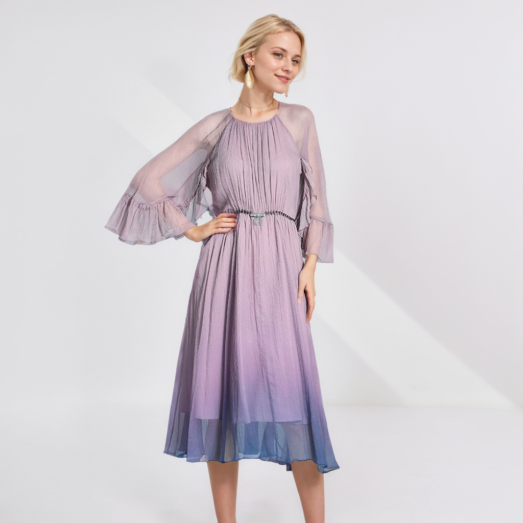 Silk Tiered Dress Flared Sleeves For Wedding Guest REAL SILK LIFE