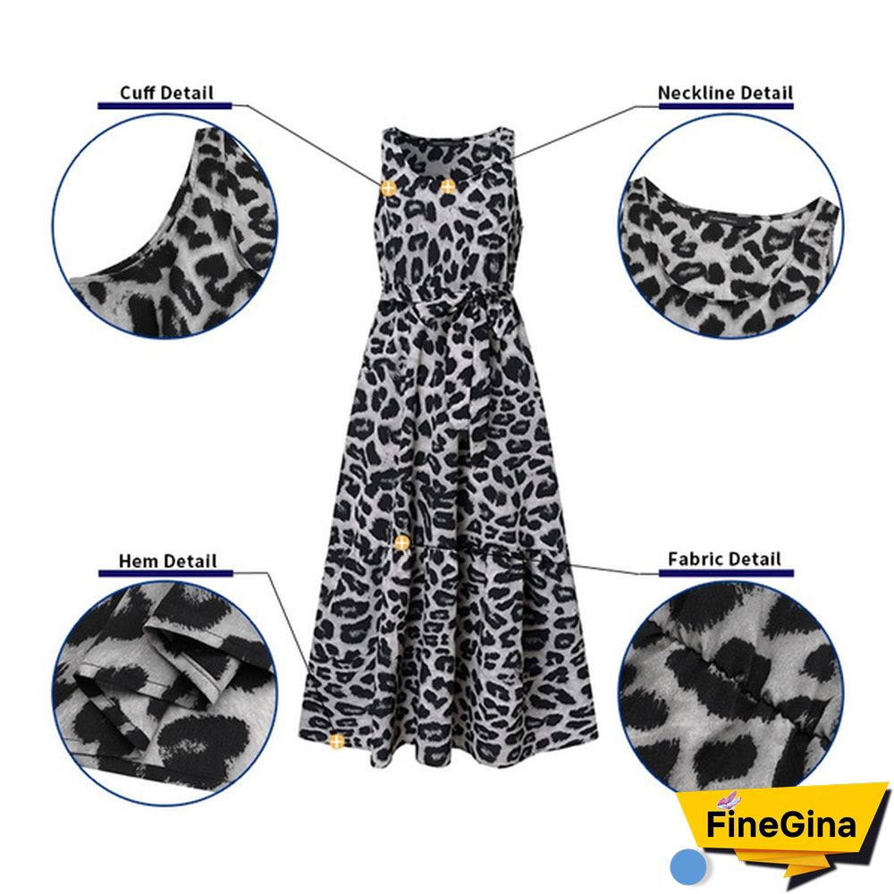 Women Summer Leopard Print Sleeveless Swing Long Dress Casual Fashion Loose Holiday A-line Dress Plus Size Vestidos