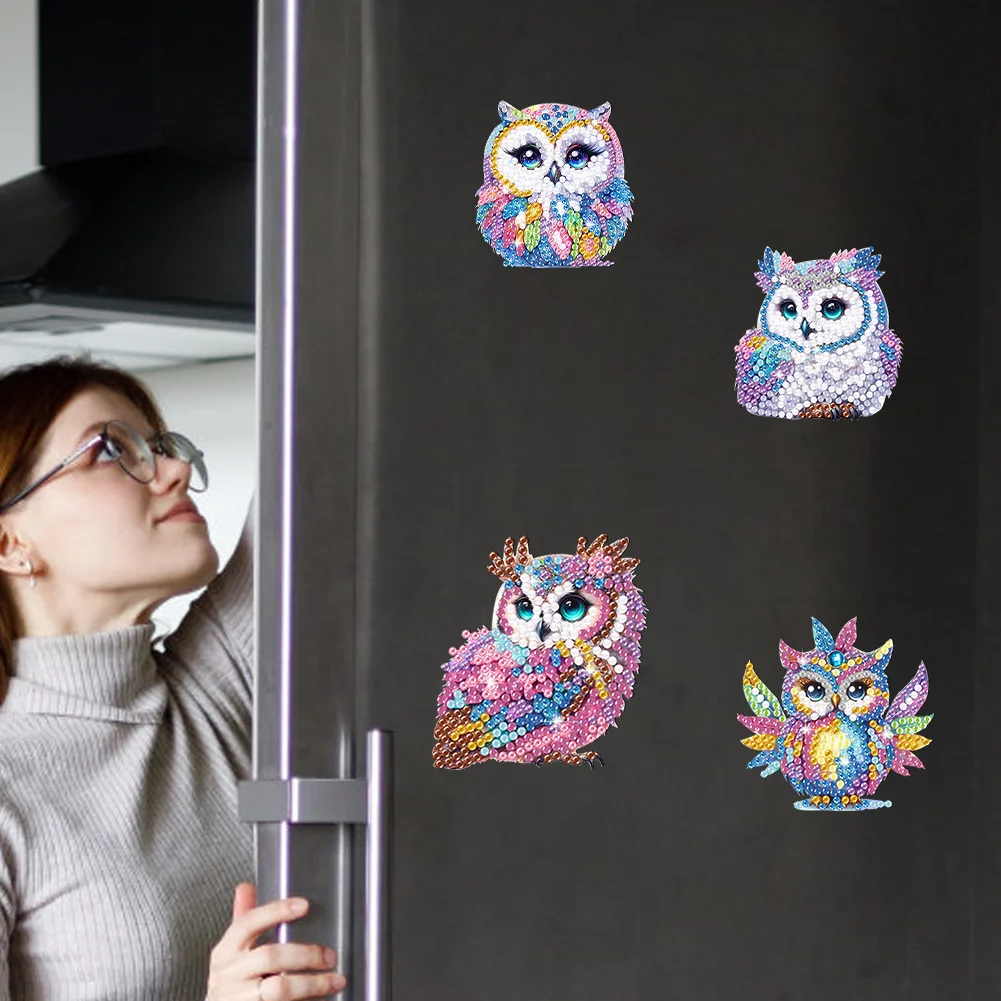 6Pcs DIY Owl Acrylic Special Shape Fridge Stickers Diamond Painting Fridge Magnet