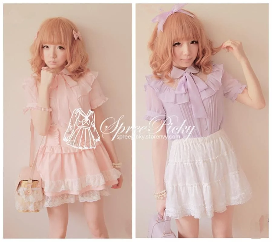 Sweet Lady Chiffon and Lace joint Bow Short Sleeve Blouse SP130276