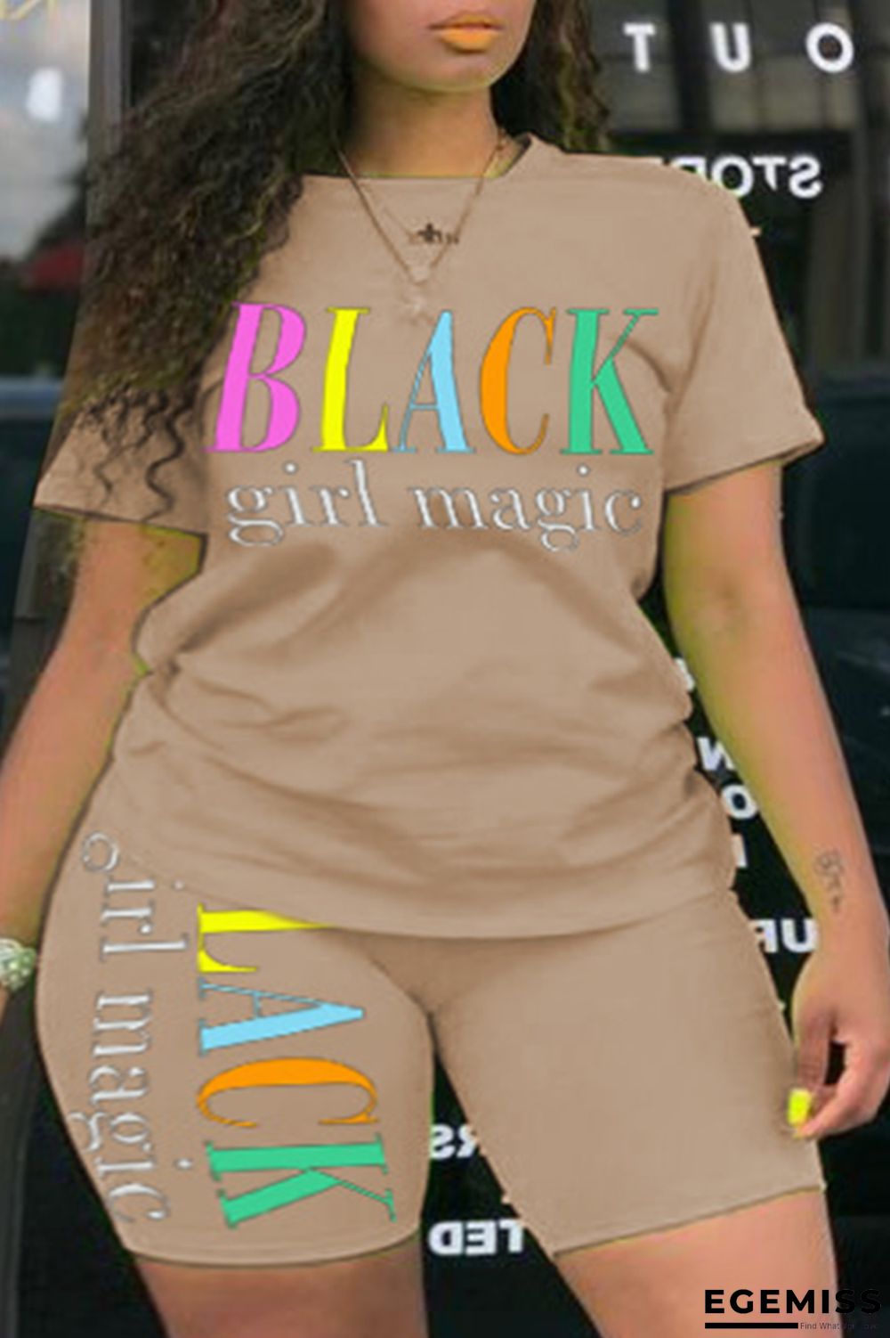 Apricot Fashion Casual O Neck Letter Print Two Piece Suits Stitching Plus Size | EGEMISS