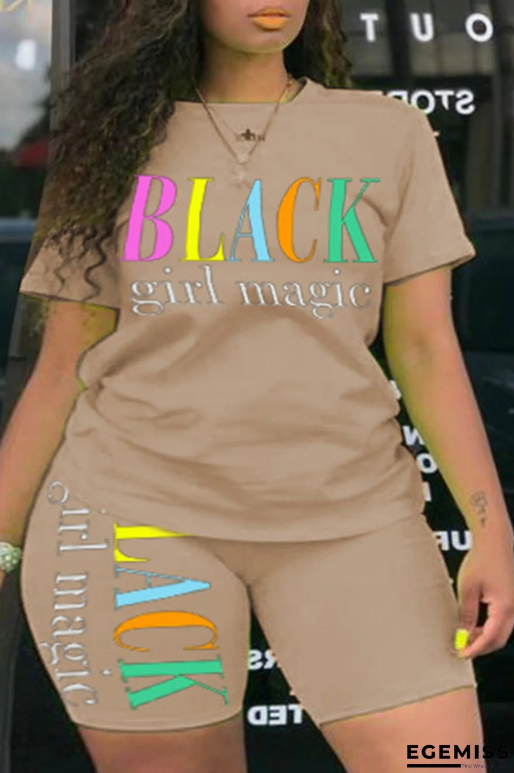 Apricot Fashion Casual O Neck Letter Print Two Piece Suits Stitching Plus Size | EGEMISS