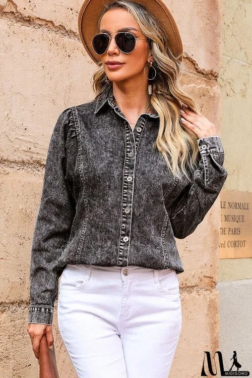 Button Up Collared Neck Denim Top