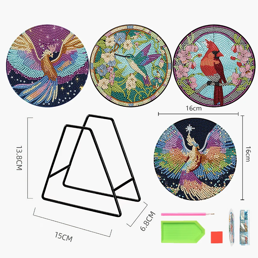 4pcs DIY Phoenix Hummingbird Wooden Diamond Painted Placemats for Dining Table Decor(16*16cm)