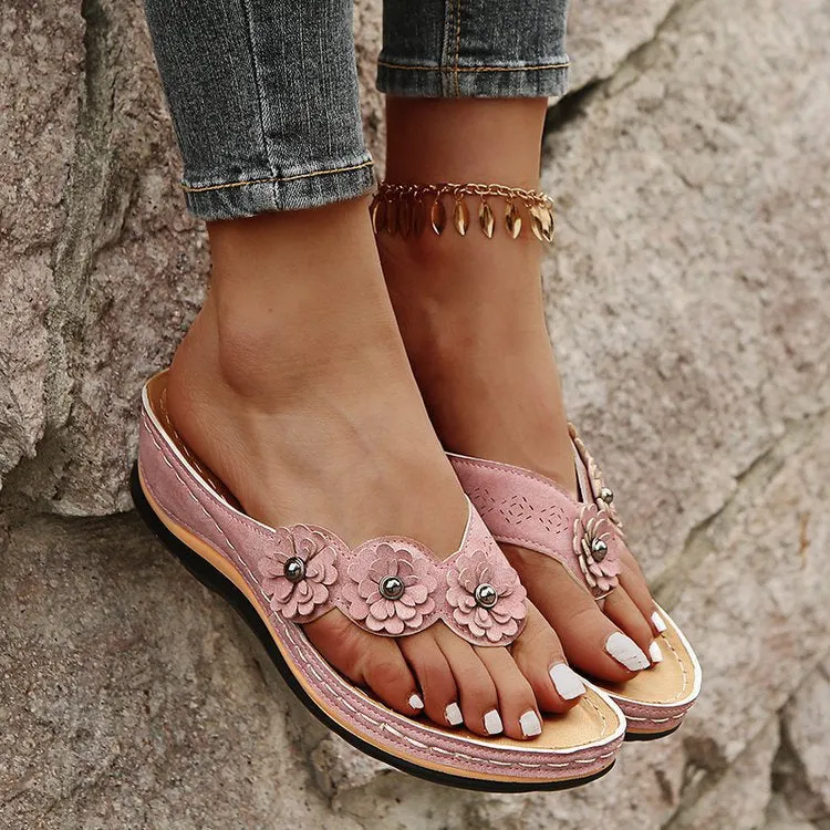 Vintage Floral Casual Wedge Flip-Flops