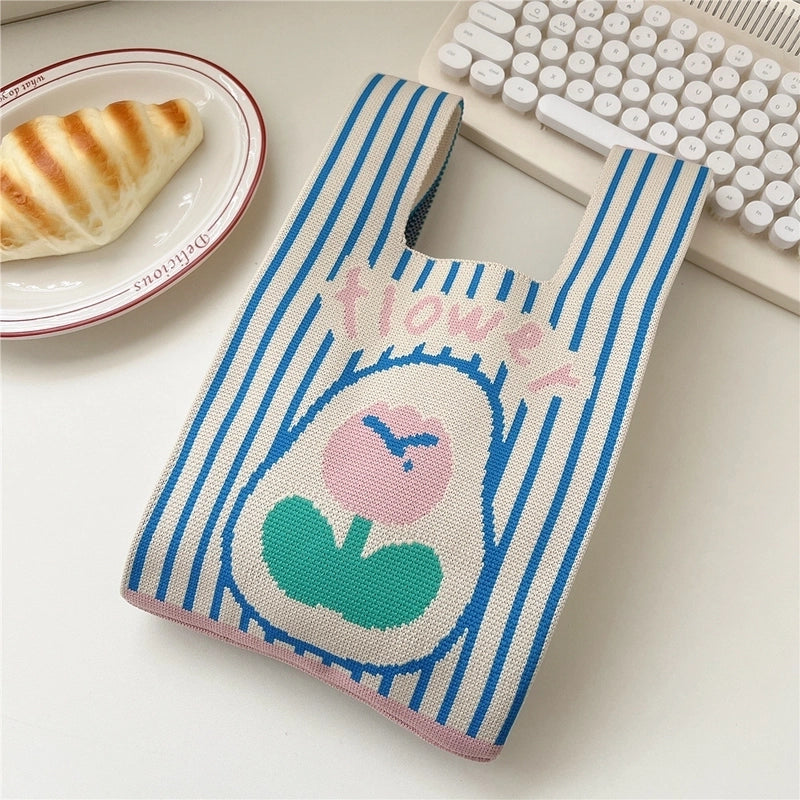 Women’s Small Knit Stripe Fruit Cute Basic Weave Open Bucket Bag