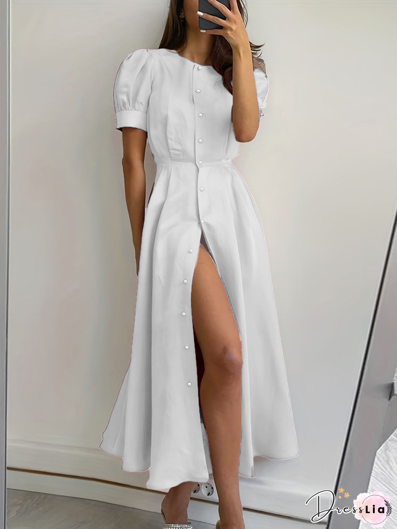 Women Stain Swing Long Dress Belted Puff Short Sleeve V Neck Loose Casual Party Cocktail Dress Vestidos