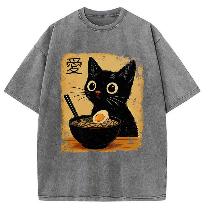 The Black Cat Ate Ramen Washed T-shirt artswardrobe