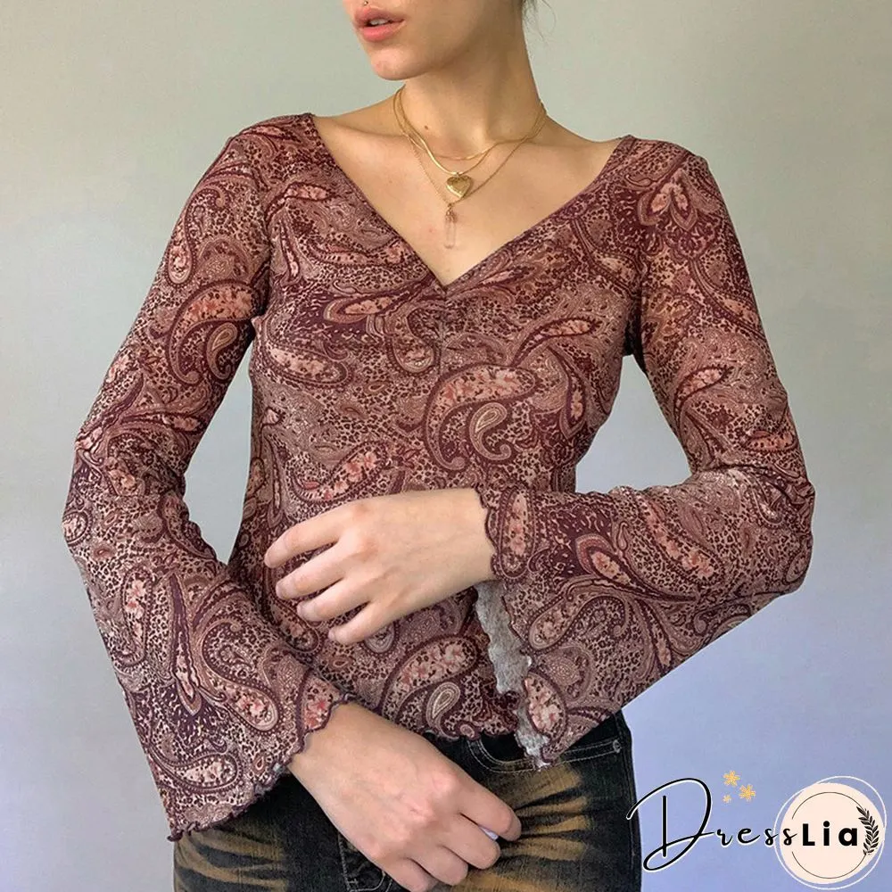 Print Top Retro Y2k Grunge Fairycore Neck Shirt Flared Long Sleeve Pullovers Women Autumn