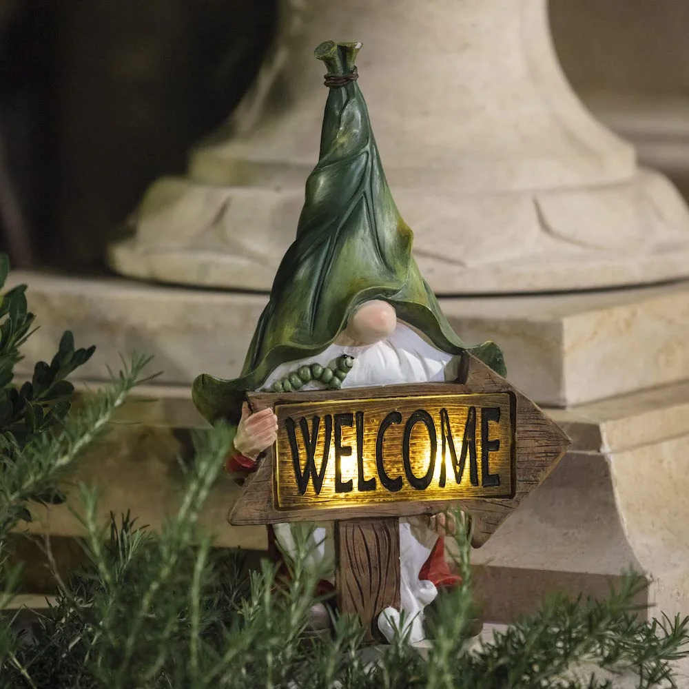 Gnome Statue Holding Welcome Sign with Solar LED Lights