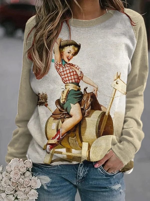 Women's Western Retro Trojan Cowgirl Print Sweatshirt