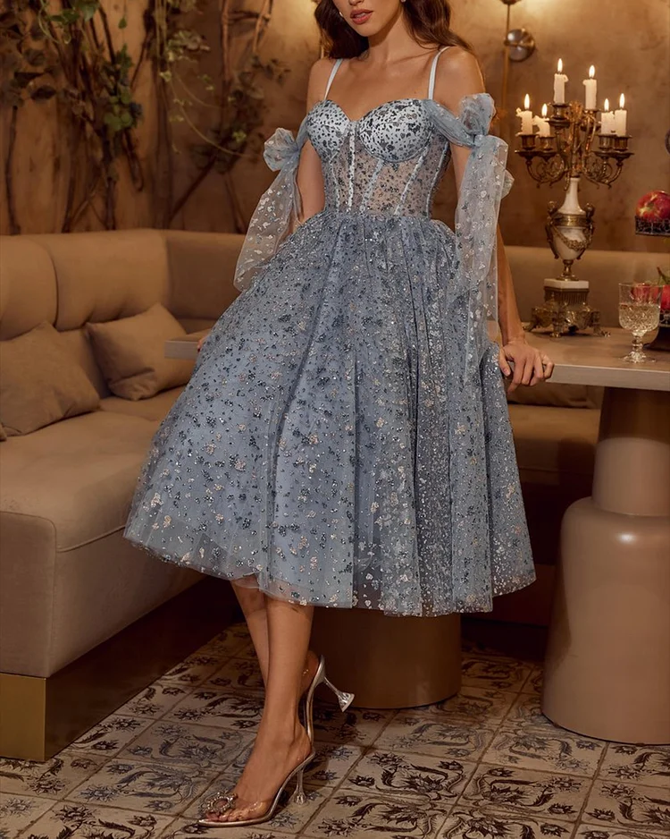 Women's Sleeveless Mesh Sequined Ball Dress