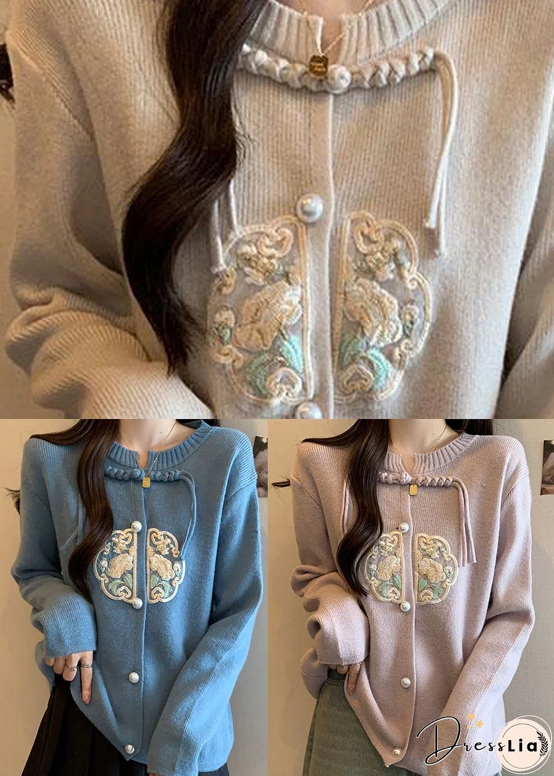 Pink Knit Coats Button Tassel Embroidered Fall