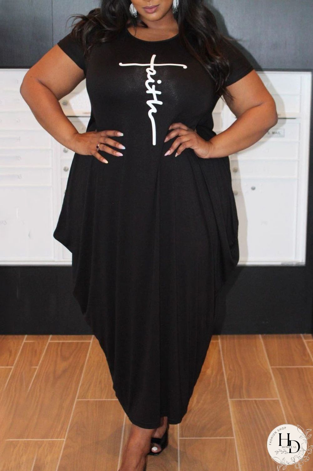 Black Casual Print Split Joint Asymmetrical O Neck Short Sleeve Dress Plus Size Dresses