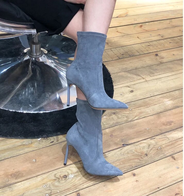 VCSHOES Ankle Boots Women Elastic Cloth Metal Thin Heels Pointed Toe Socks Booties 8cm 10cm Dress Women Stilettos