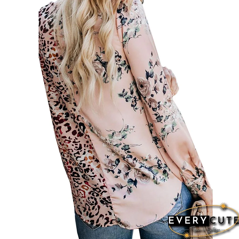 Pink Contrast Leopard Print Color V Neck Blouse