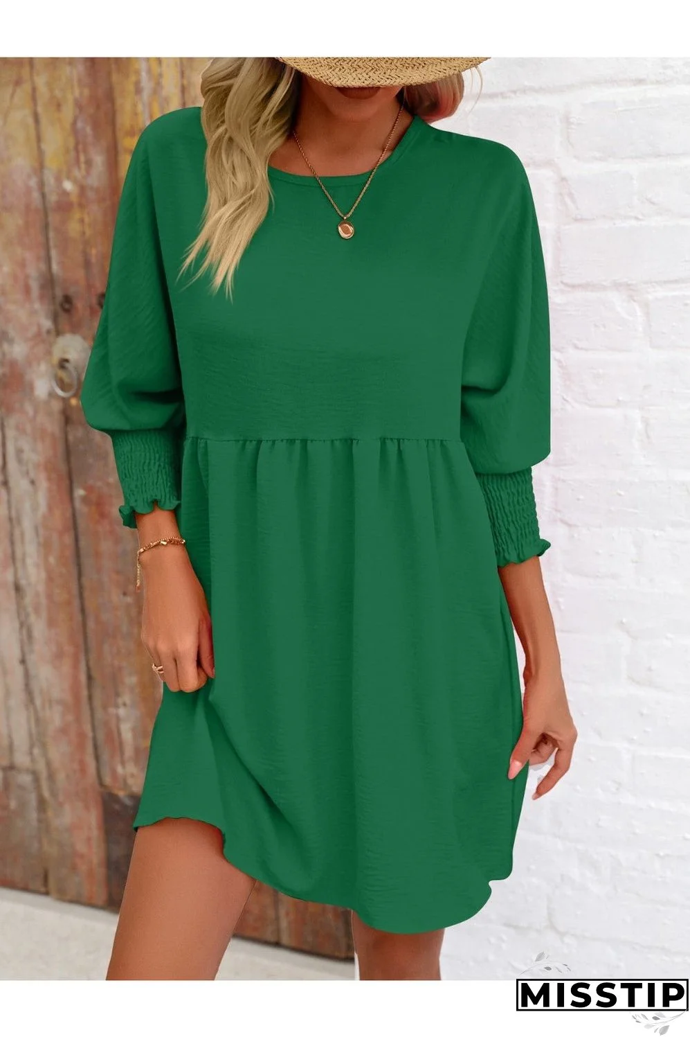 Round Neck Lantern Sleeve Mini Dress