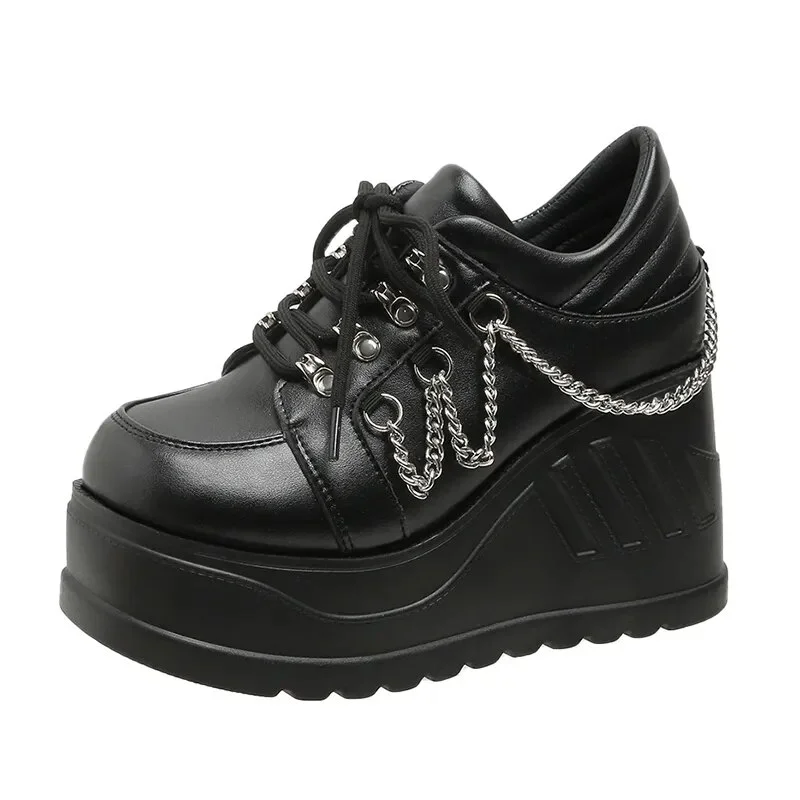 Zhungei Chain Punk Gothic Shoes Woman Thick Bottom High Wedge Sneakers for Women 2024 New Black Chunky Platform Y2K Uniform Shoes