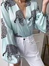 Deep V-Neck Leopard Print Long Sleeve Stylish Blouses&Shirts Tops