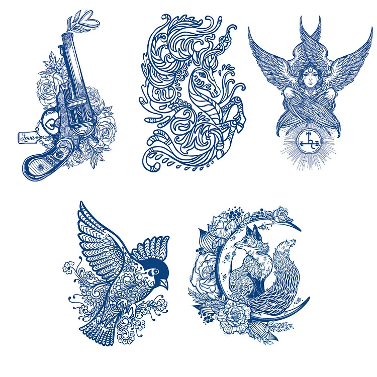 5 Sheets Semi-Permanent Bird Gun Fox Tattoo Stickers