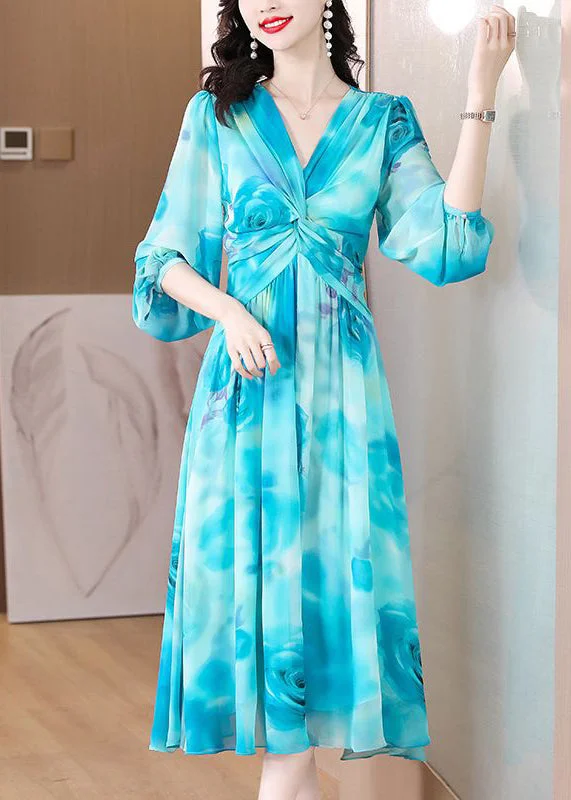 Blue Wrinkled Chiffon Long Dresses V Neck Long Sleeve