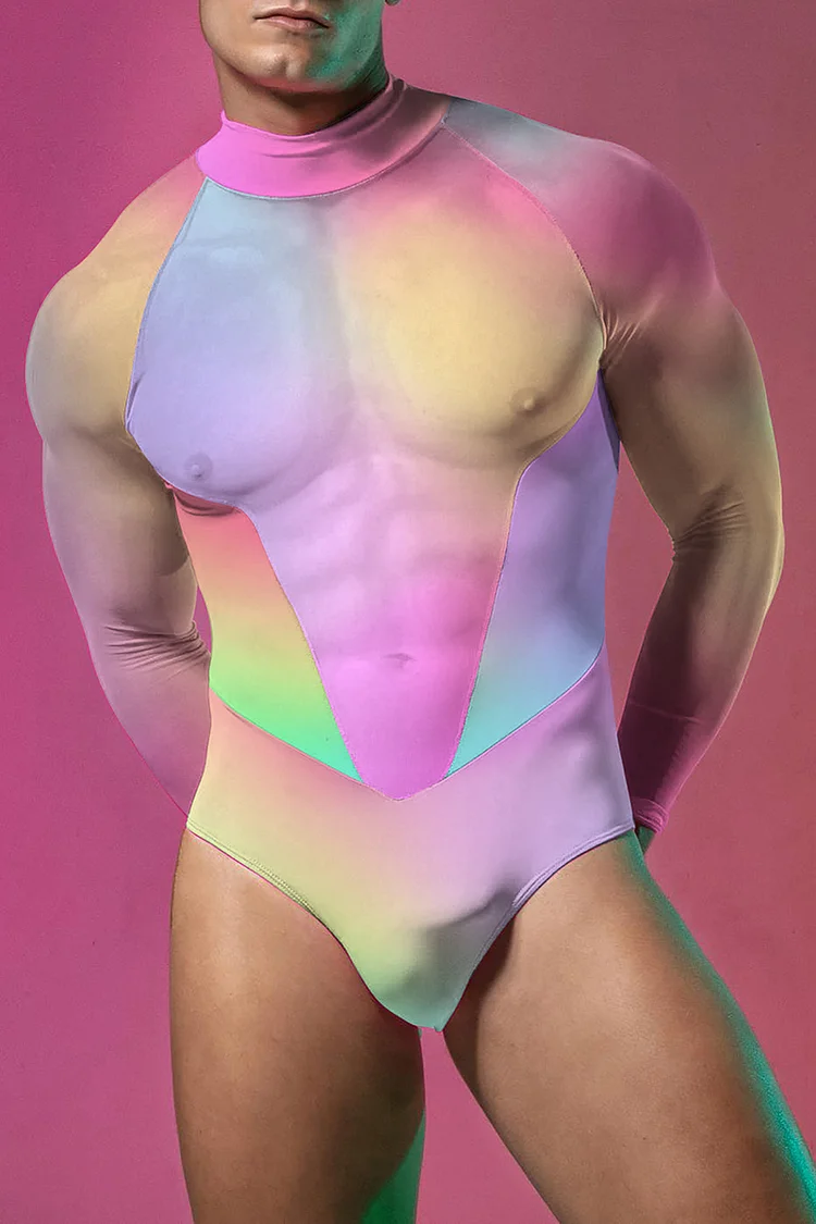 Rainbow Gradient See Through Mesh Patchwork Stretchy Bodycon Bodysuit