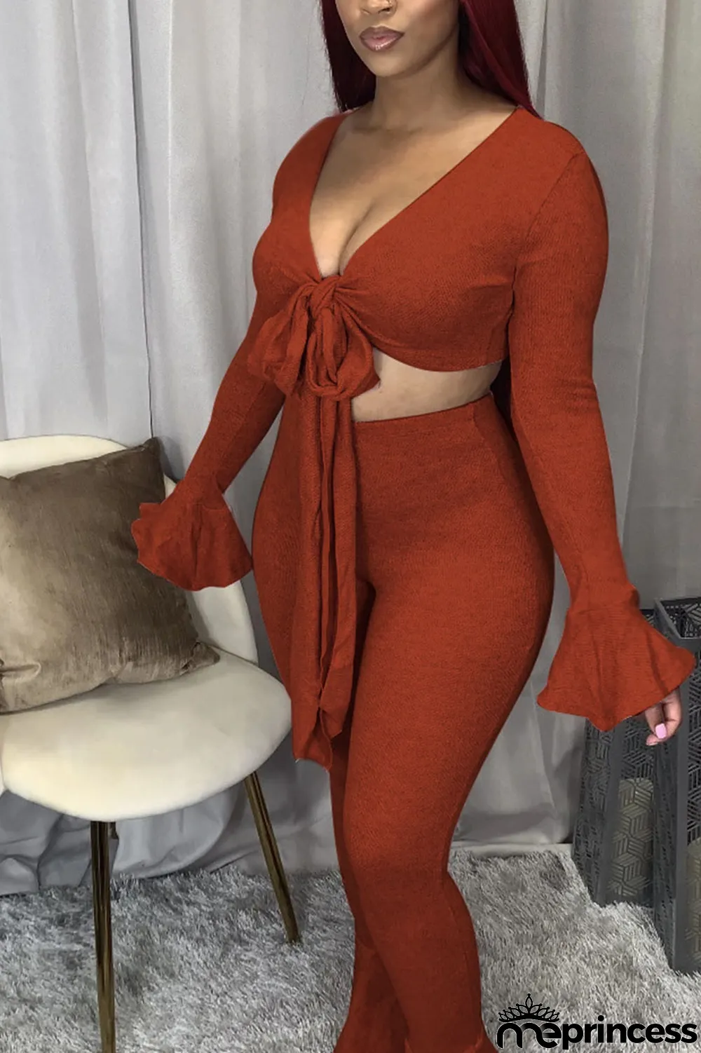 Red Casual Solid V Neck Long Sleeve Flare Sleeve Short Two Pieces