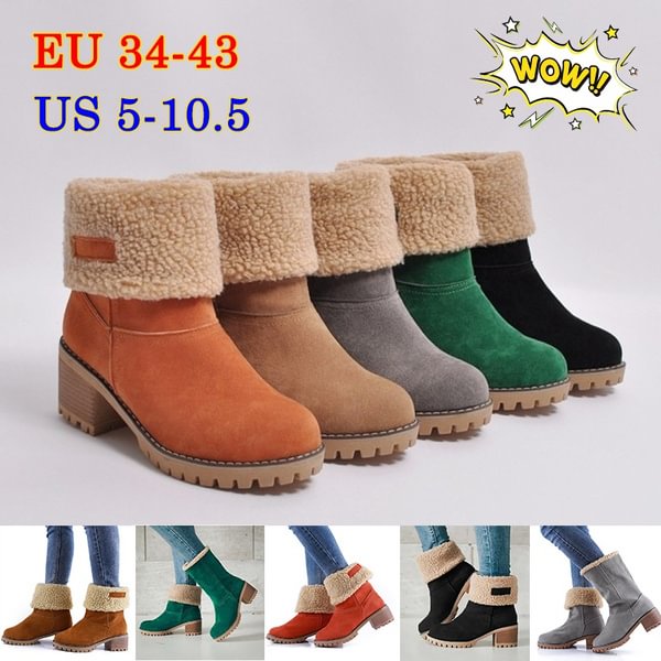 New Fashion Women's Suede Warm Boots Comfy Chunky Heel Waterproof Mid Calf & Ankle Boots Winter Anti Slip Snow Boots 2 Ways To Wear! - Shop Trendy Women's Fashion | TeeYours