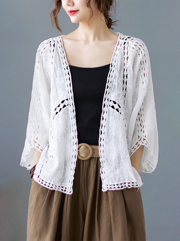 Hollow Knitting Long Sleeve V Neck Bat Shape Sleeve Loose Cardigan